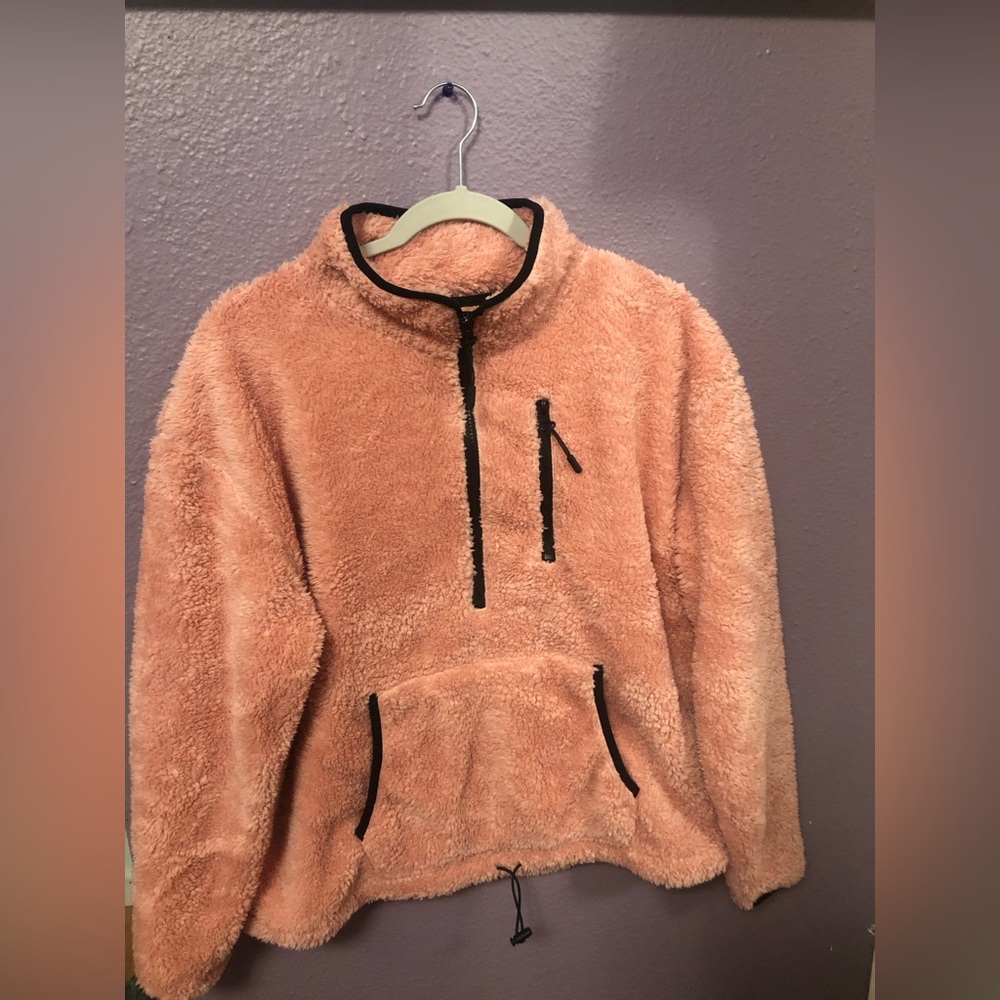 PINK QUATER ZIP FUZZY SWEATER